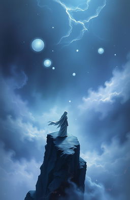 A solitary figure standing on the edge of a vast, ethereal landscape that blends into an infinite abyss, surrounded by swirling dreams and mystical elements