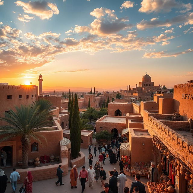 A breathtaking view of Yazd, Iran, showcasing its stunning historic architecture with ancient mud-brick buildings, winding narrow streets, and traditional wind-catchers