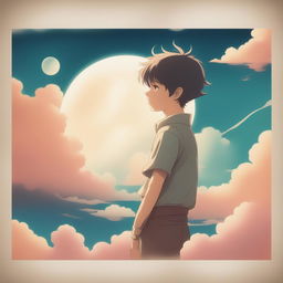 A vintage 1960s, lo-fi styled digital artwork featuring an anime boy dreaming amidst a surreal dreamscape of clouds