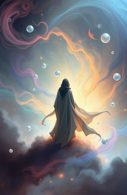 A solitary figure standing alone amidst a swirling, ethereal dreamscape, conveying a sense of mystical atmosphere