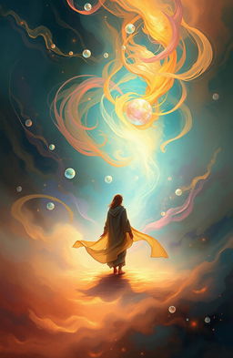 A solitary figure standing alone amidst a swirling, ethereal dreamscape, conveying a sense of mystical atmosphere