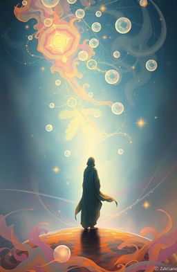 A solitary figure standing alone amidst a swirling, ethereal dreamscape, conveying a sense of mystical atmosphere
