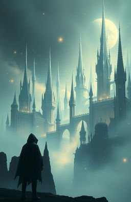 A solitary figure standing in the foreground, gazing at a breathtaking skyline of mythical buildings, featuring towering spires and intricate, fantastical architecture