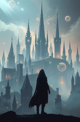 A solitary figure standing in the foreground, gazing at a breathtaking skyline of mythical buildings, featuring towering spires and intricate, fantastical architecture