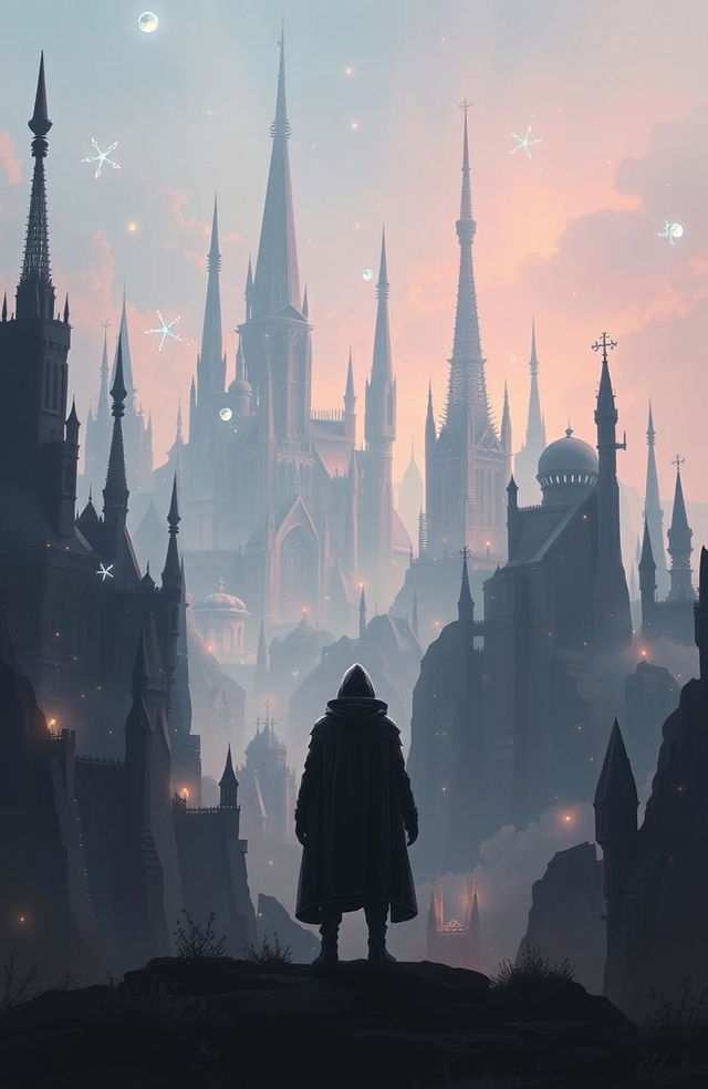 A solitary figure standing in the foreground, gazing at a breathtaking skyline of mythical buildings, featuring towering spires and intricate, fantastical architecture