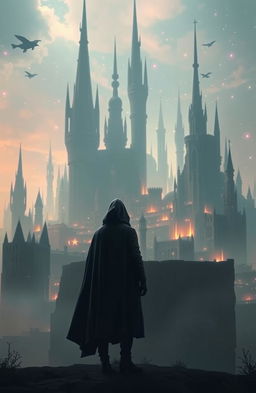 A solitary figure standing in the foreground, gazing at a breathtaking skyline of mythical buildings, featuring towering spires and intricate, fantastical architecture