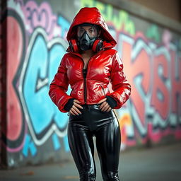 A hot slim girl with big boobs, wearing a shiny red tight puffer jacket and black latex leggings, posed confidently in an urban setting