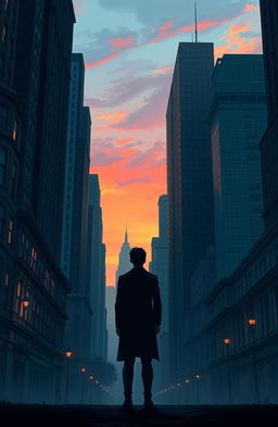 A solitary figure standing amidst towering big city houses and buildings, evoking a sense of isolation and contemplation