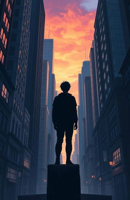A solitary figure standing amidst towering big city houses and buildings, evoking a sense of isolation and contemplation