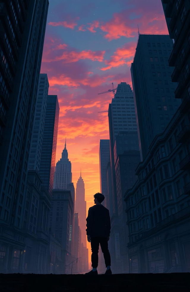 A solitary figure standing amidst towering big city houses and buildings, evoking a sense of isolation and contemplation