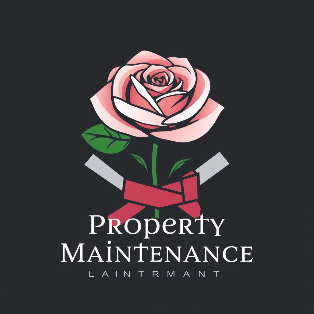 A sophisticated logo design for 'Rose Property Maintenance', featuring a beautifully stylized rose combined with essential maintenance tools like a tool belt or hammer and saw