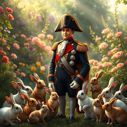 An artistic rendering of Napoleon Bonaparte, elegantly dressed in his iconic military uniform, complete with a bicorne hat, standing in a lush garden
