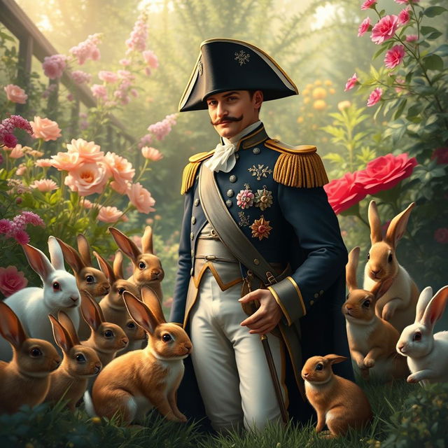 An artistic rendering of Napoleon Bonaparte, elegantly dressed in his iconic military uniform, complete with a bicorne hat, standing in a lush garden