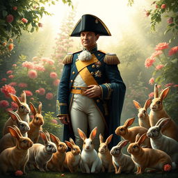 An artistic rendering of Napoleon Bonaparte, elegantly dressed in his iconic military uniform, complete with a bicorne hat, standing in a lush garden