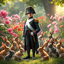 An artistic rendering of Napoleon Bonaparte, elegantly dressed in his iconic military uniform, complete with a bicorne hat, standing in a lush garden