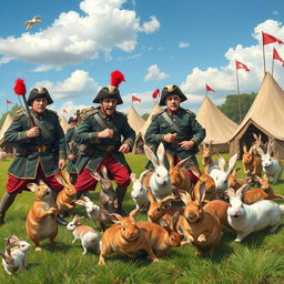 An artistic scene depicting a group of soldiers in historical military uniforms, looking bewildered as they attempt to fend off a playful swarm of rabbits invading their camp