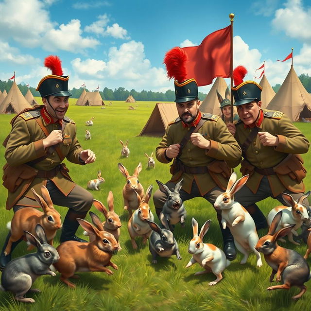 An artistic scene depicting a group of soldiers in historical military uniforms, looking bewildered as they attempt to fend off a playful swarm of rabbits invading their camp