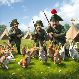 An artistic scene depicting a group of soldiers in historical military uniforms, looking bewildered as they attempt to fend off a playful swarm of rabbits invading their camp