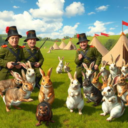 An artistic scene depicting a group of soldiers in historical military uniforms, looking bewildered as they attempt to fend off a playful swarm of rabbits invading their camp