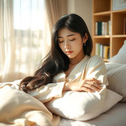 A beautiful Korean woman peacefully sleeping in a cozy bedroom, her long black hair cascading over a soft pillow