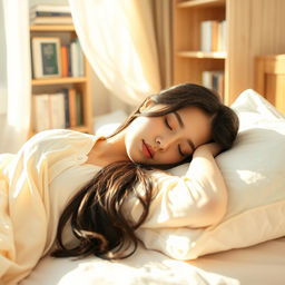 A beautiful Korean woman peacefully sleeping in a cozy bedroom, her long black hair cascading over a soft pillow