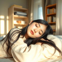 A beautiful Korean woman peacefully sleeping in a cozy bedroom, her long black hair cascading over a soft pillow