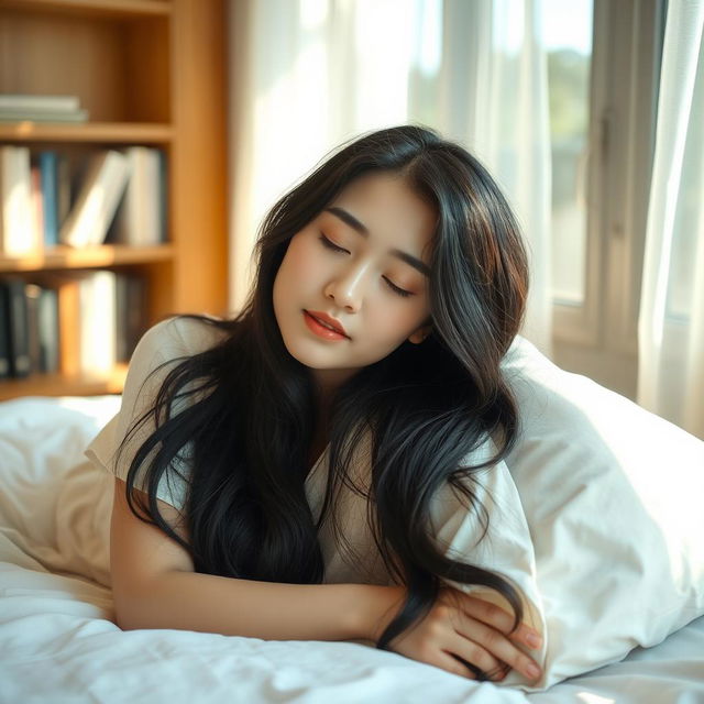 A beautiful Korean woman peacefully sleeping in a cozy bedroom, her long black hair cascading over a soft pillow