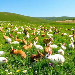 A picturesque field filled with dozens of rabbits of various breeds and colors, joyfully frolicking among the lush green grass and wildflowers
