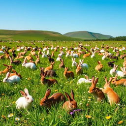 A picturesque field filled with dozens of rabbits of various breeds and colors, joyfully frolicking among the lush green grass and wildflowers