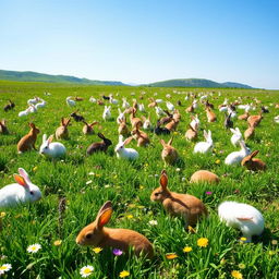 A picturesque field filled with dozens of rabbits of various breeds and colors, joyfully frolicking among the lush green grass and wildflowers