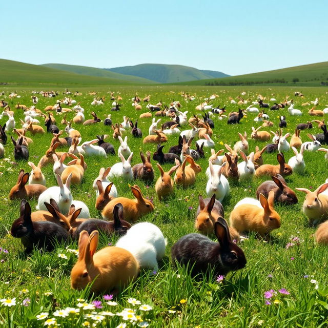 A picturesque field filled with dozens of rabbits of various breeds and colors, joyfully frolicking among the lush green grass and wildflowers