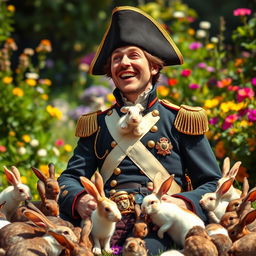 A humorous artistic depiction of Napoleon Bonaparte, in his classic military uniform and bicorne hat, laughing heartily as he observes a chaotic scene of rabbits playfully invading his space
