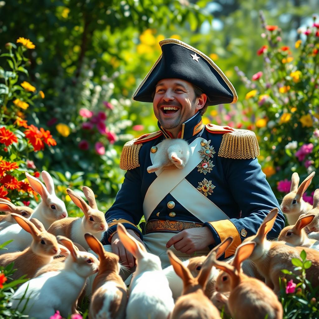 A humorous artistic depiction of Napoleon Bonaparte, in his classic military uniform and bicorne hat, laughing heartily as he observes a chaotic scene of rabbits playfully invading his space