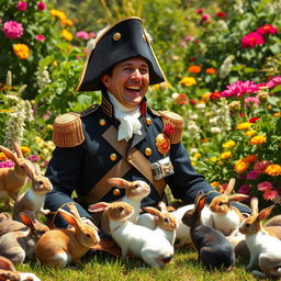 A humorous artistic depiction of Napoleon Bonaparte, in his classic military uniform and bicorne hat, laughing heartily as he observes a chaotic scene of rabbits playfully invading his space