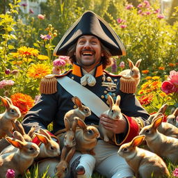 A humorous artistic depiction of Napoleon Bonaparte, in his classic military uniform and bicorne hat, laughing heartily as he observes a chaotic scene of rabbits playfully invading his space