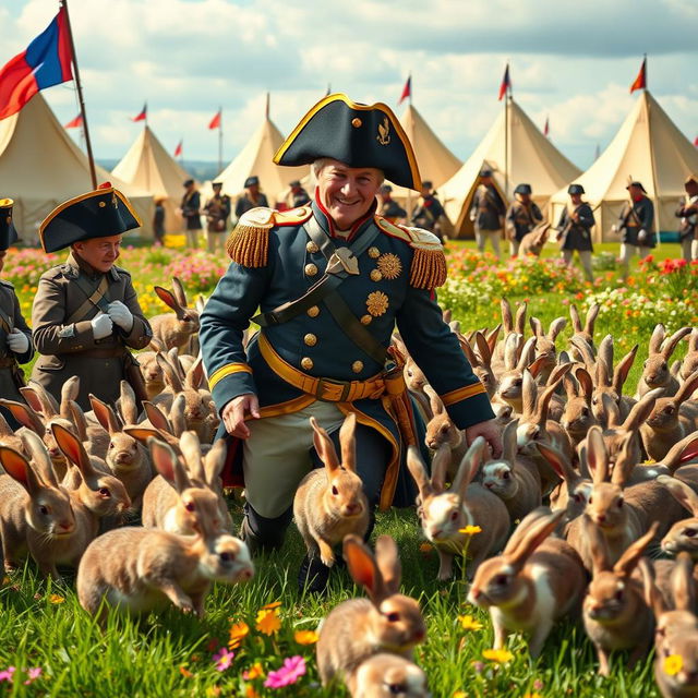 A comedic scene featuring Napoleon Bonaparte, dressed in his classic military uniform with a bicorne hat, humorously retreating as a horde of friendly, possibly domesticated rabbits swarm around him