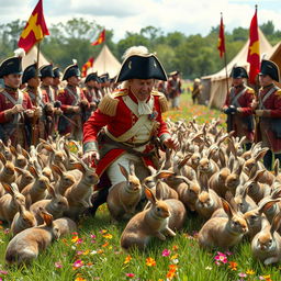A comedic scene featuring Napoleon Bonaparte, dressed in his classic military uniform with a bicorne hat, humorously retreating as a horde of friendly, possibly domesticated rabbits swarm around him