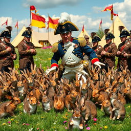 A comedic scene featuring Napoleon Bonaparte, dressed in his classic military uniform with a bicorne hat, humorously retreating as a horde of friendly, possibly domesticated rabbits swarm around him