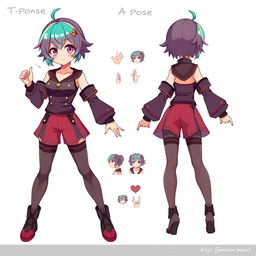 A dynamic anime character reference sheet featuring a short girl with short hair styled in a vibrant color, wearing form-fitting clothes that accentuate her small breasts