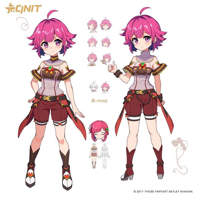 A dynamic anime character reference sheet featuring a short girl with short hair styled in a vibrant color, wearing form-fitting clothes that accentuate her small breasts