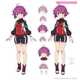 A dynamic anime character reference sheet featuring a short girl with short hair styled in a vibrant color, wearing form-fitting clothes that accentuate her small breasts