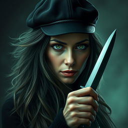 A wise and calm woman in her forties with an enigmatic expression, featuring long, jagged hair flowing around her