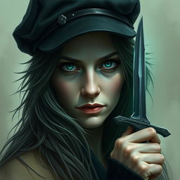 A wise and calm woman in her forties with an enigmatic expression, featuring long, jagged hair flowing around her