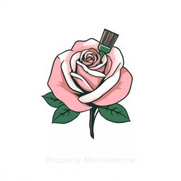 A visually appealing logo design for 'Rose Property Maintenance' that features a detailed and artistic rose interwoven with property maintenance elements such as a paintbrush and a hammer, symbolizing a blend of beauty and functionality