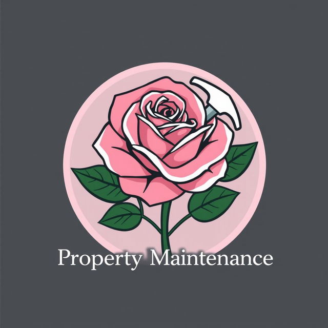 A visually appealing logo design for 'Rose Property Maintenance' that features a detailed and artistic rose interwoven with property maintenance elements such as a paintbrush and a hammer, symbolizing a blend of beauty and functionality