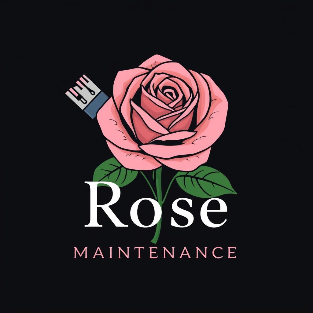 A visually appealing logo design for 'Rose Property Maintenance' that features a detailed and artistic rose interwoven with property maintenance elements such as a paintbrush and a hammer, symbolizing a blend of beauty and functionality