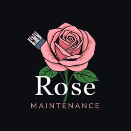 A visually appealing logo design for 'Rose Property Maintenance' that features a detailed and artistic rose interwoven with property maintenance elements such as a paintbrush and a hammer, symbolizing a blend of beauty and functionality