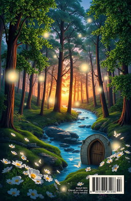 A visually stunning back cover design for a fictional book, featuring an enchanting forest landscape at twilight