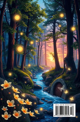 A visually stunning back cover design for a fictional book, featuring an enchanting forest landscape at twilight