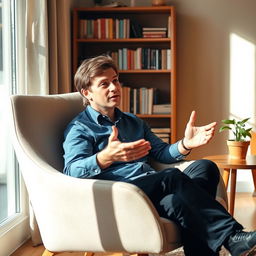 A person sitting comfortably on a modern chair, with a thoughtful expression as they describe something with their hands gesturing animatedly